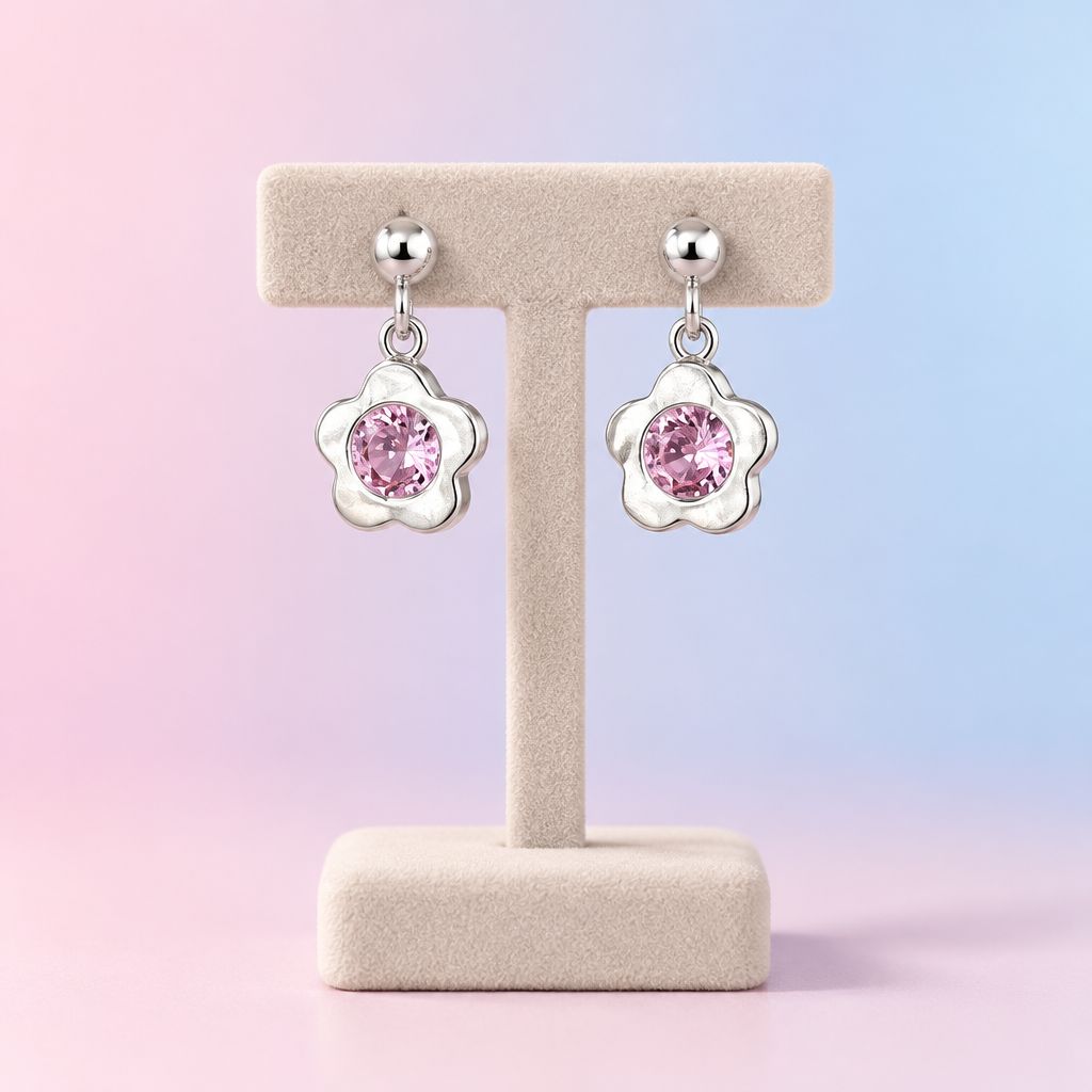 Arete Florecita Rosa plata 925 Mexicana, con broche de Mariposa