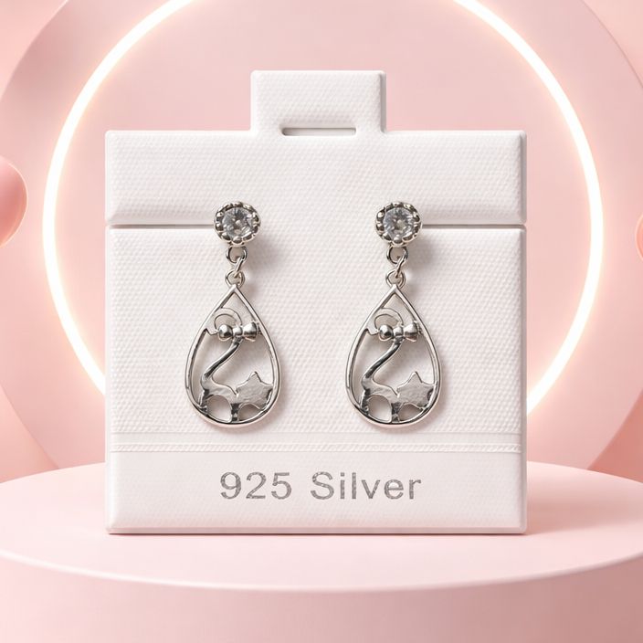 ARETE COLGANTE GATITO  2.3 CM , PLATA .925