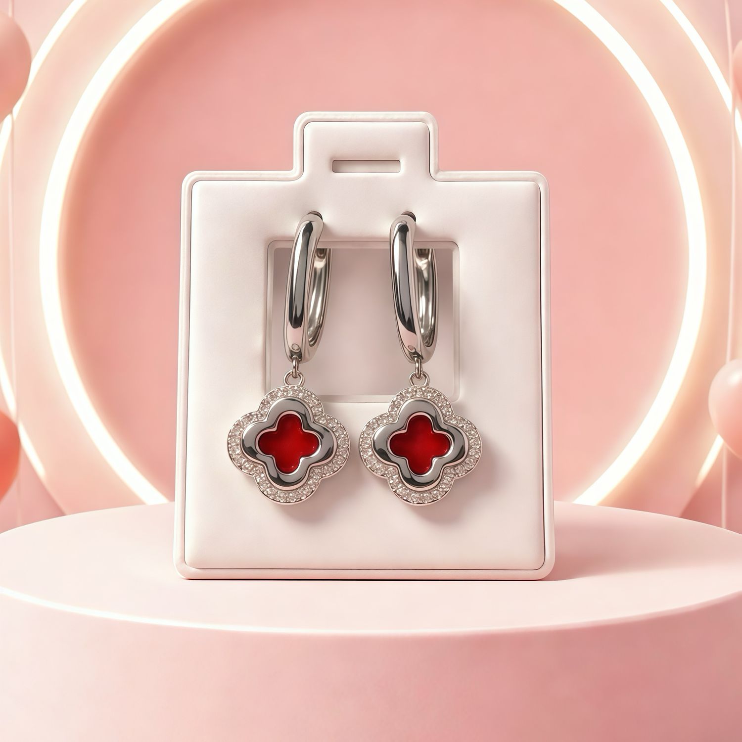 HUGGUI COLGANTE TREBOL ROJO LARGO 2.5 CM PLATA .925