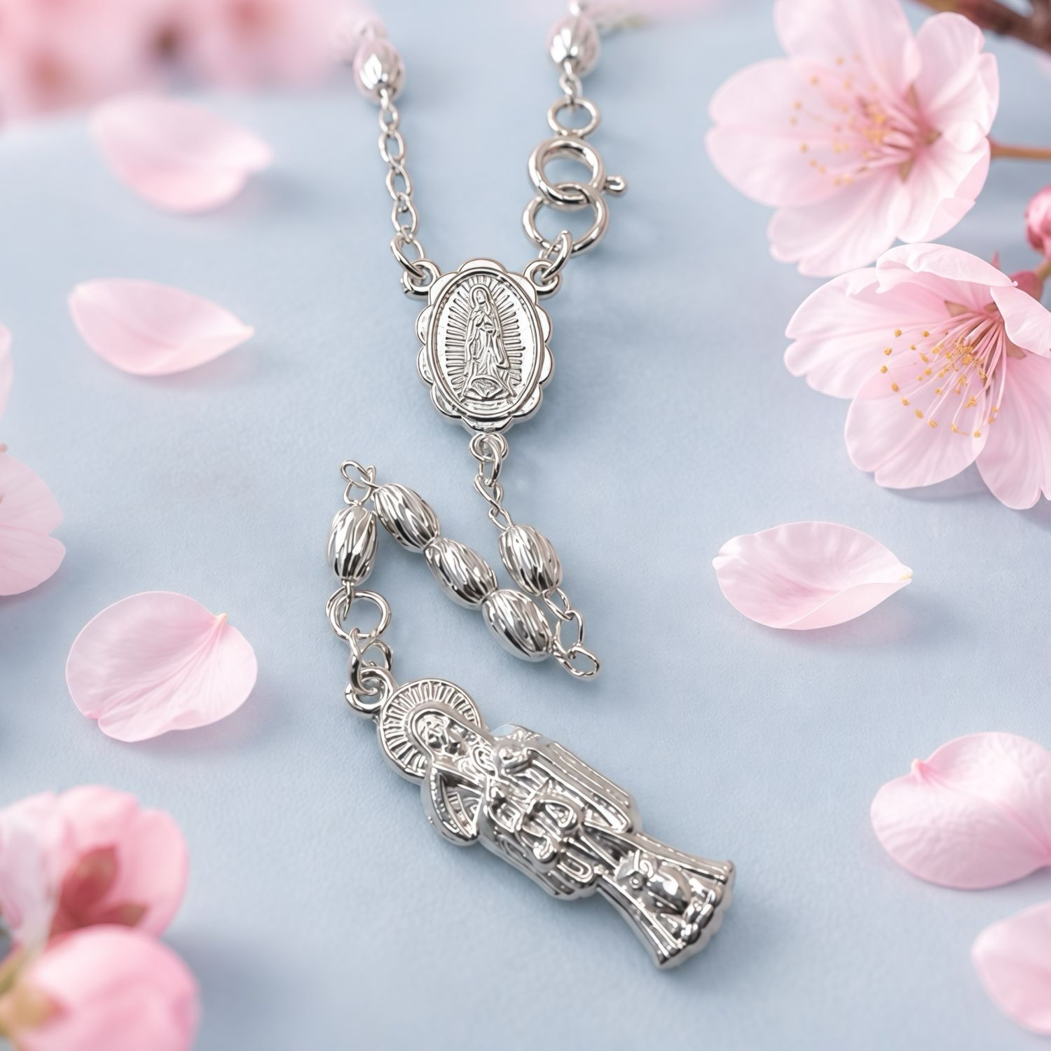 ROSARIO SANTA MUERTE BOLA DE ARROZ FACETADA 24" PLATA .925