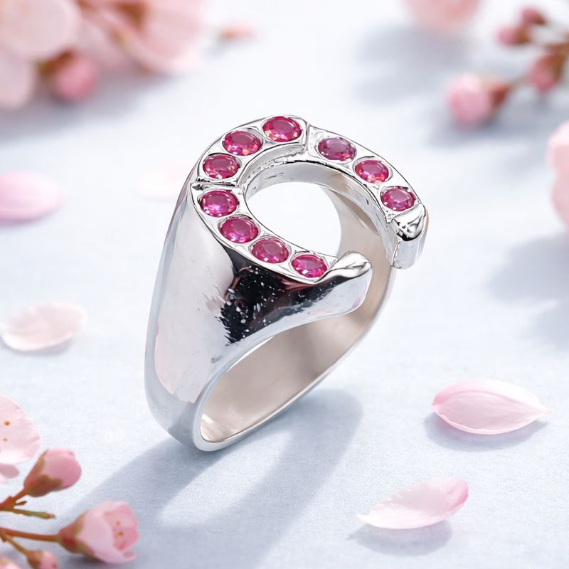 ANILLO CABALLERO HERRADURA CON CZ ROJA  PLATA .925