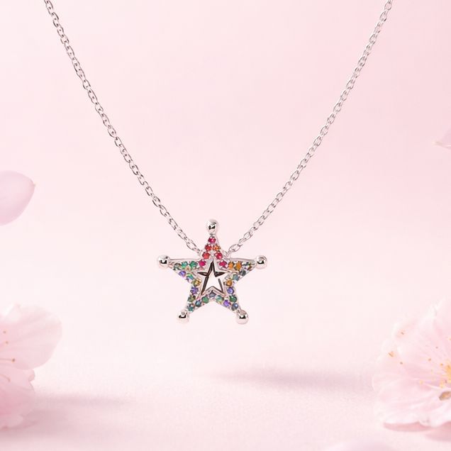 COLLAR ESTRELLA CON CZ MULTICOLOR  18" PLATA .925