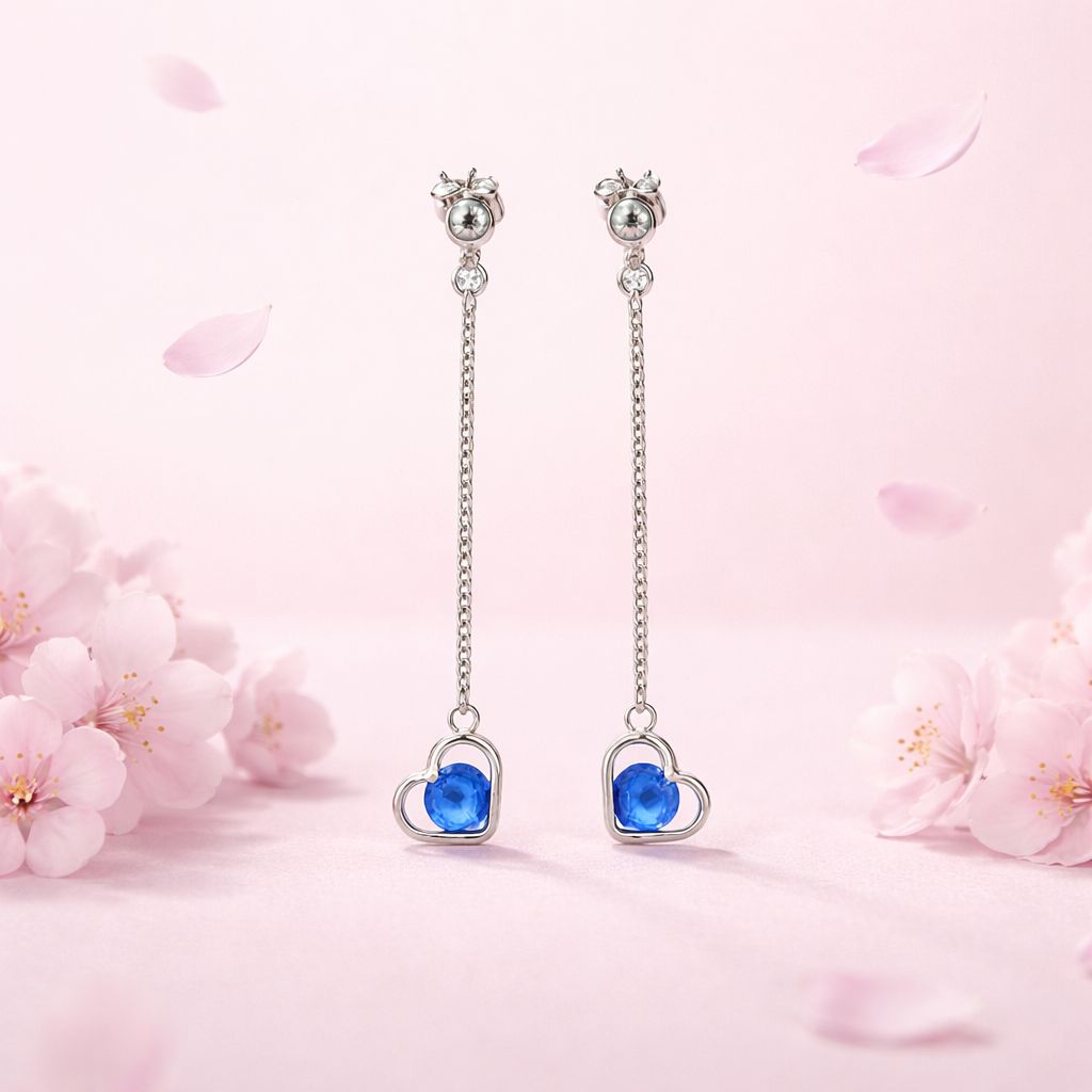 ARETE LARGO 6.4 CM  CORAZON CON CZ . AZUL PLATA .925