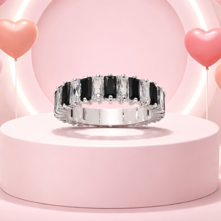 ARGOLLA CZ BAGUETT NEGRO Y BLANCO   PLATA .925