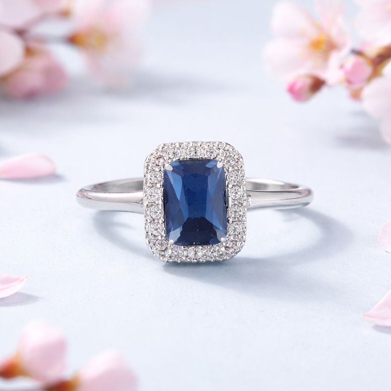 ANILLO CORTE PRINCESA AZUL NAVY  PLATA .925