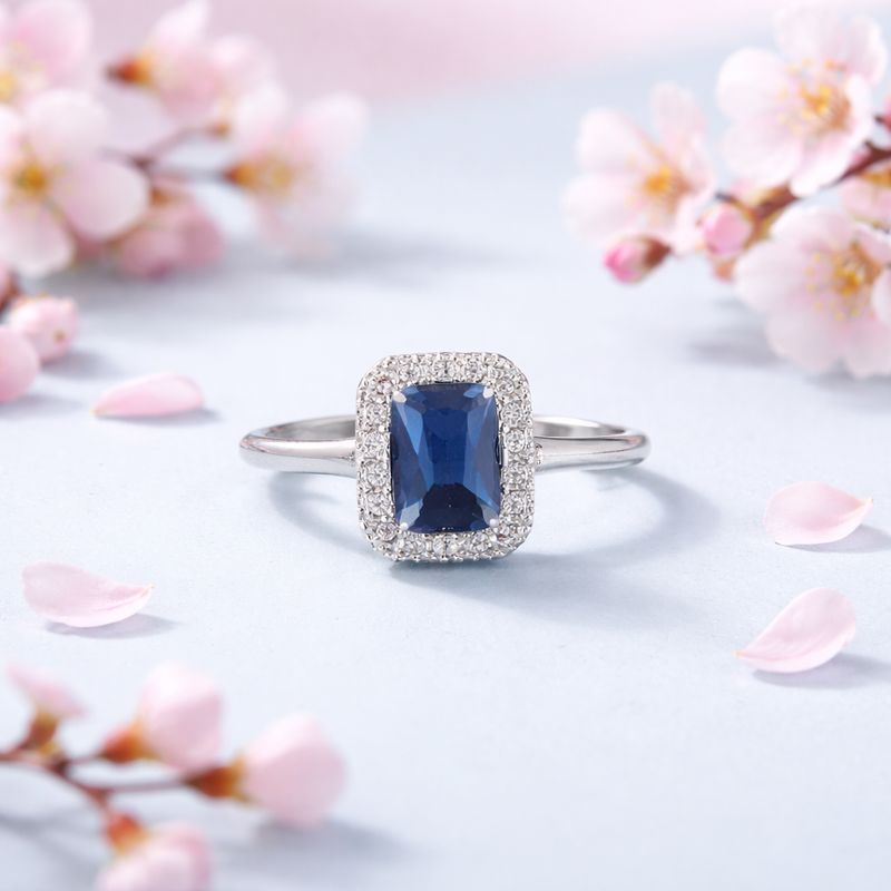 ANILLO CORTE PRINCESA AZUL NAVY  PLATA .925