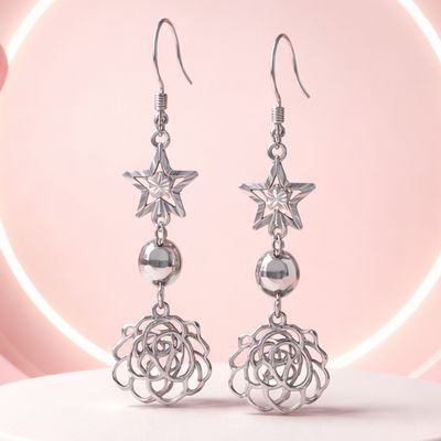 ARETE LARGO 4.5 CM ESTRELLA Y FLOR RODIO PLATA .925