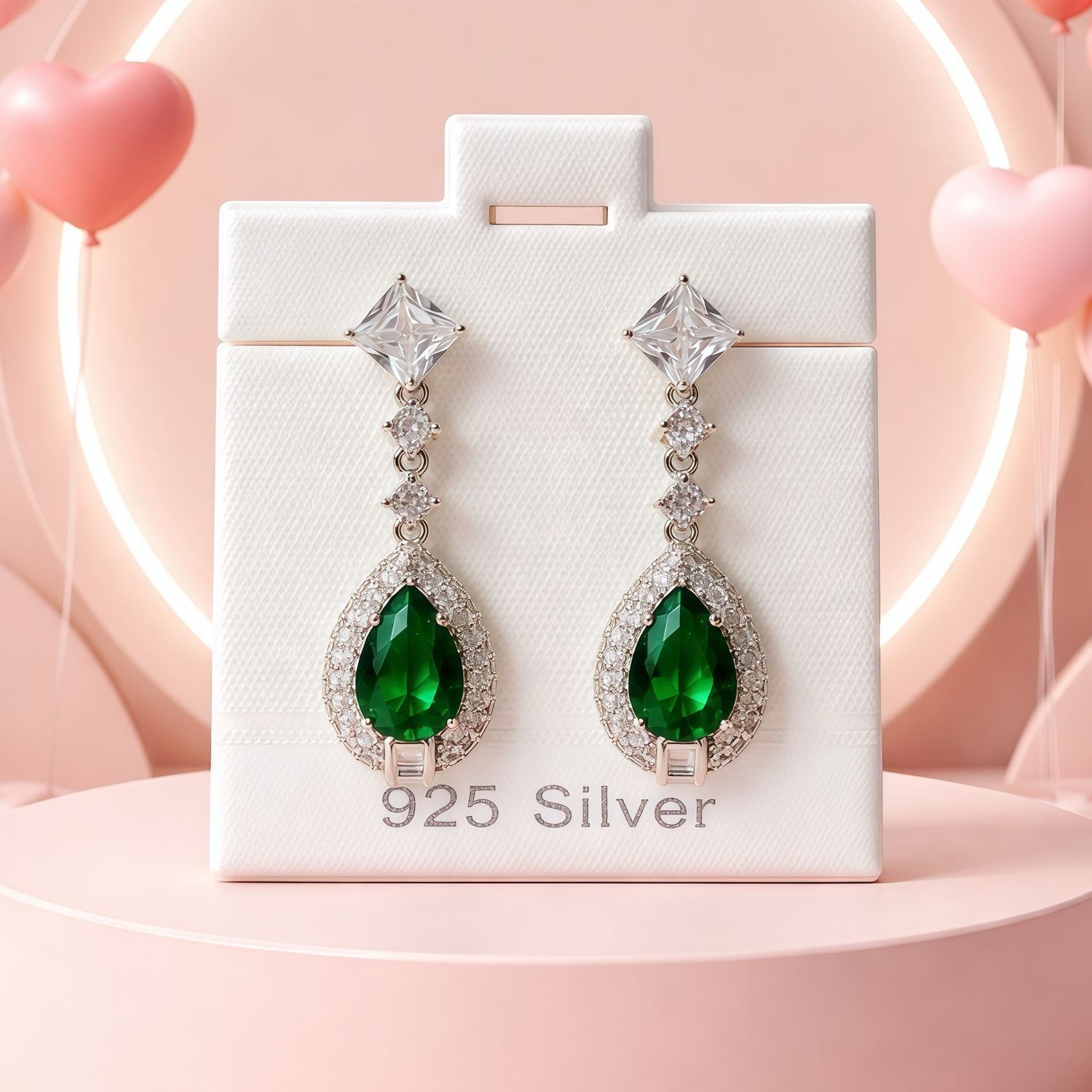 ARETE GOTA COLGANTE  3 CM  CZ VERDE ESMERALDA ,   PLATA .925