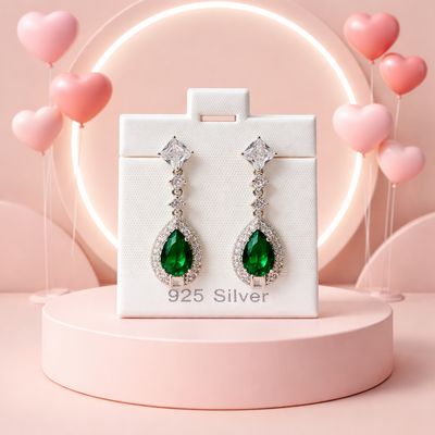 ARETE GOTA COLGANTE  3 CM  CZ VERDE ESMERALDA ,   PLATA .925