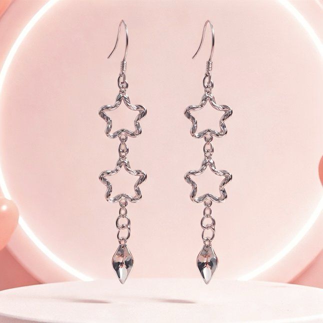 ARETE LARGO ESTRELLA 5 CM RODIO Y PLATA .925