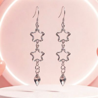 ARETE LARGO ESTRELLA 5 CM RODIO Y PLATA .925