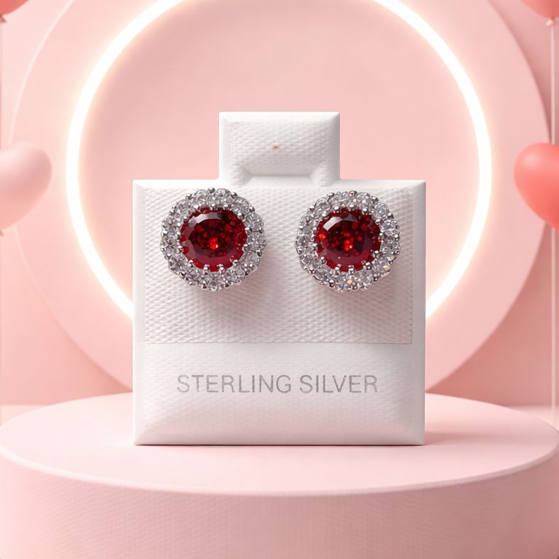 ARETE ROSETA CZ ROJA Y BCA, PLATA .925 BROCHE DE MARIPOSA