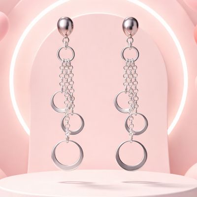 ARETE LARGO CON CIRCULOS  5.5 CM PLATA .925 BROCHE DE MARIPOSA