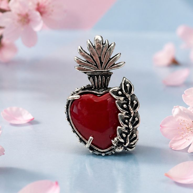Anillo Corazon Inmaculado, ajustable Plata 925 mexicana