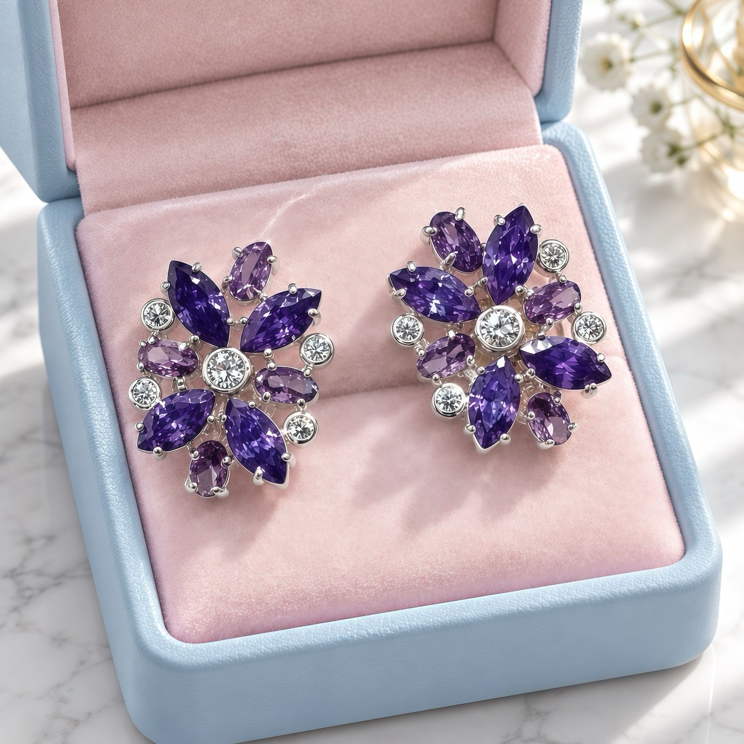 Arete Flores con CZ Moradas PLATA .925