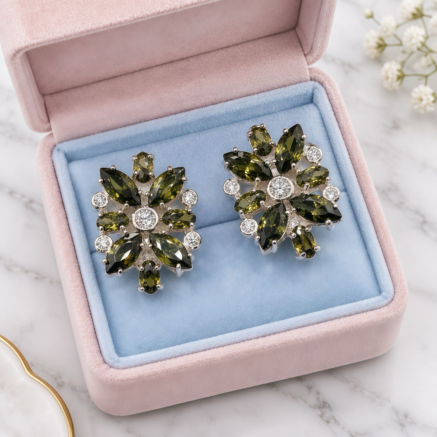 ARETES CON FLORES  CZ VERDE PLATA .925