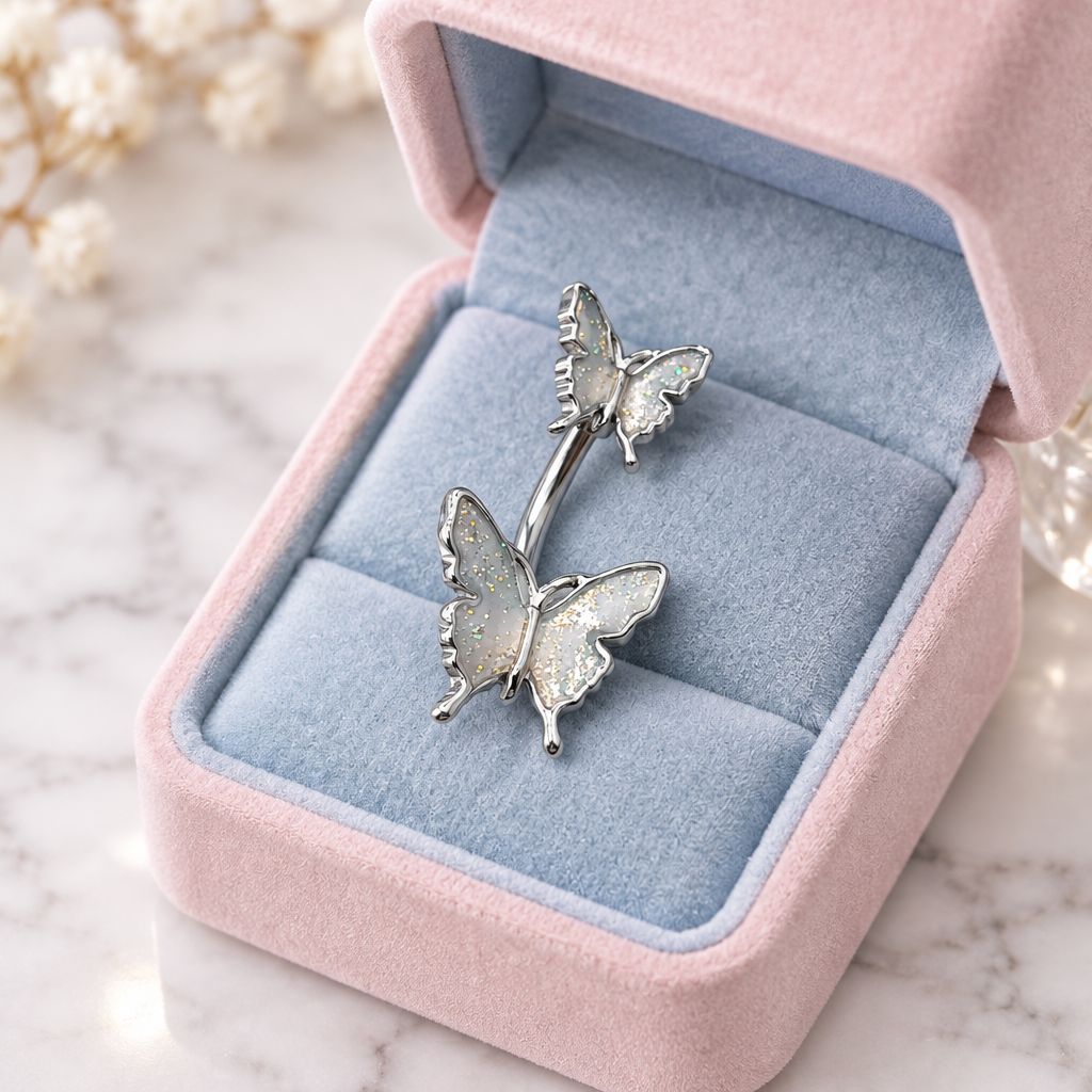 Arete Ombligo Doble Mariposa ACERO INOXIDABLE