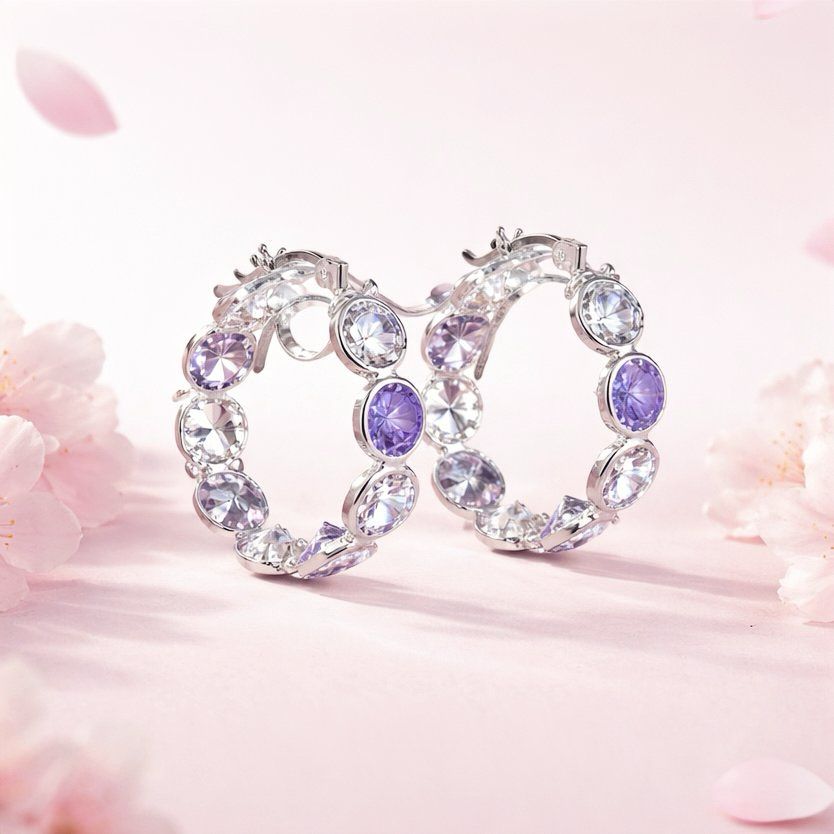 ARRACADA SEMAFORO 2.8 CM CZ BLANCA Y LILA, PLATA .925