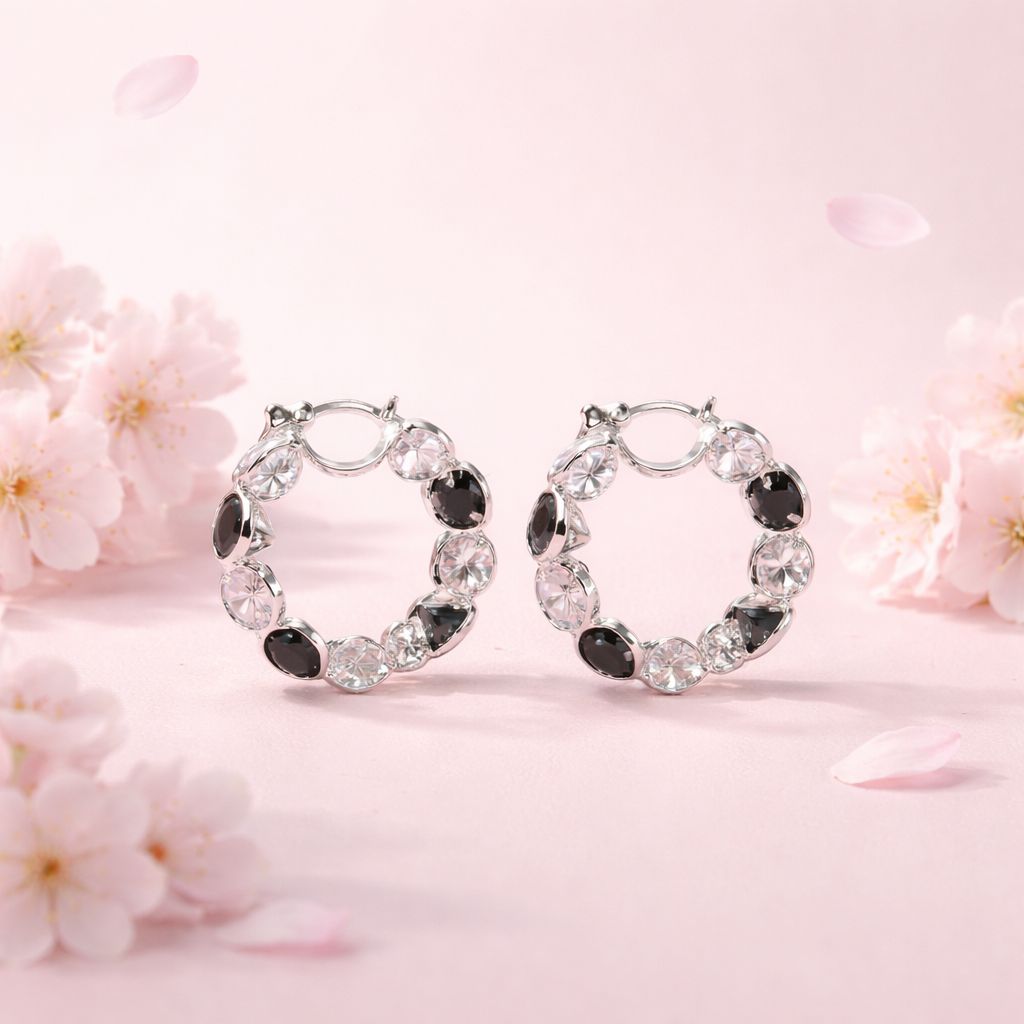 ARRACADA SEMAFORO 2.5 CM CZ BLANCA Y NEGRA, PLATA .925