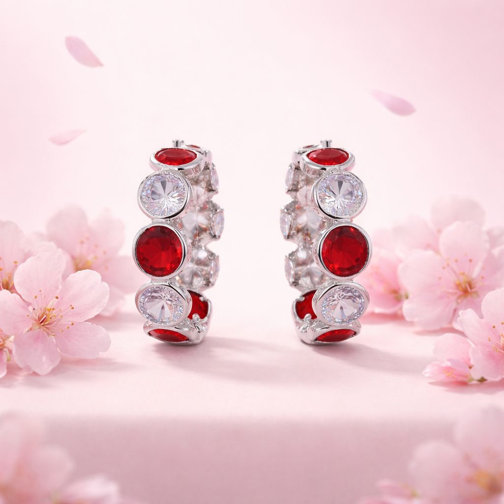 Arracadas Semaforo con CZ Blancas y Rojas 2.5 cm en Plata .925