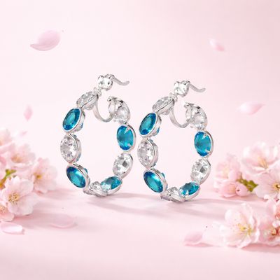 ARRACADA SEMAFORO 2.5 CM CZ BLANCA Y AZUL, PLATA .925