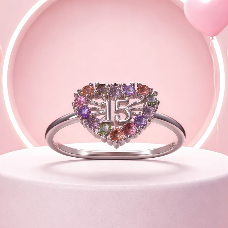 ANILLO CORAZON  QUINCE AÑOS CZ DE COLORES VARIAS MEDIDAS  PLATA .925