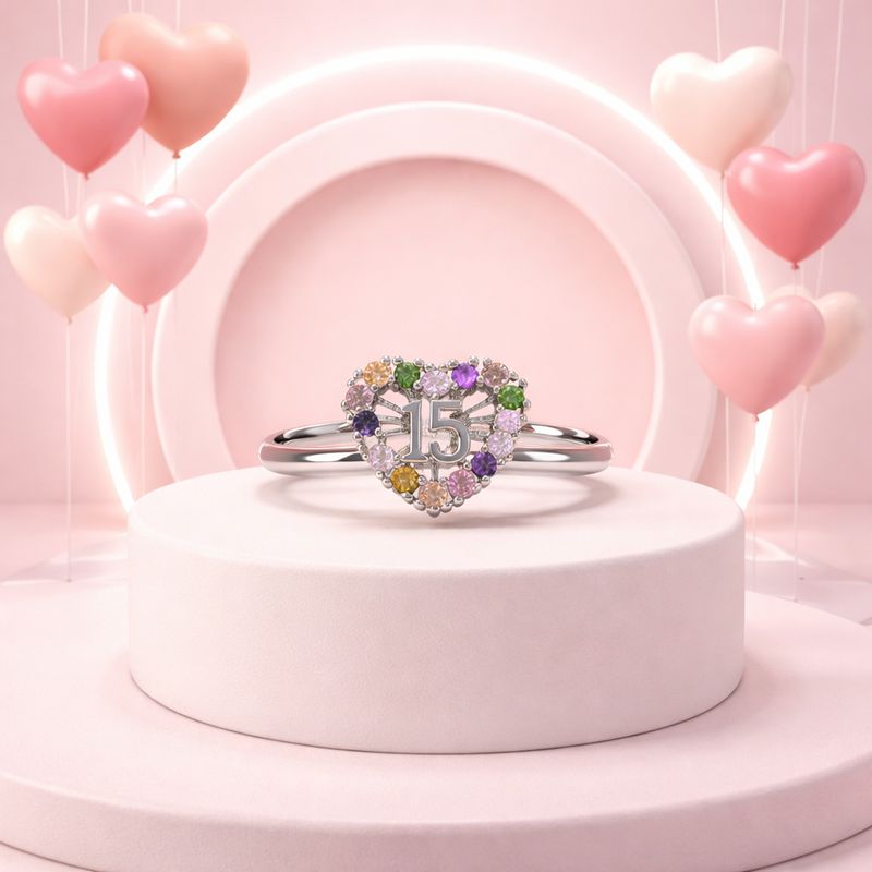ANILLO CORAZON  QUINCE AÑOS CZ DE COLORES VARIAS MEDIDAS  PLATA .925