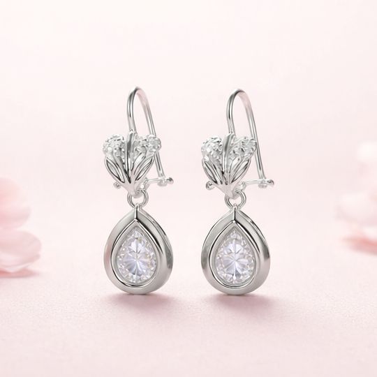 ARETE  GOTA Y FLORES 3 CM PLATA .925