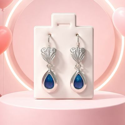 ARETE CON GOTA Y CORAZON CZ AZUL  3 CM LARGO TOTAL PLATA .925
