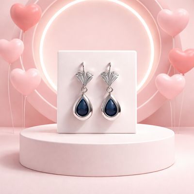 ARETE CON GOTA Y CORAZON CZ AZUL  3 CM LARGO TOTAL PLATA .925