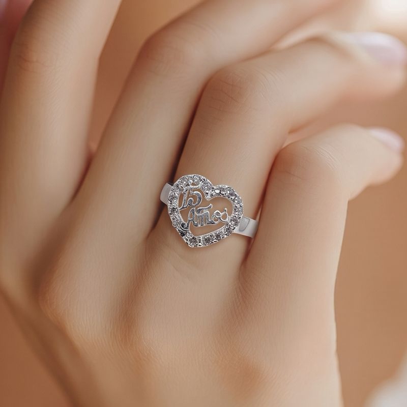 ANILLO CORAZON XV AÑOS CON CZ VARIAS MEDIDAS PLATA .925