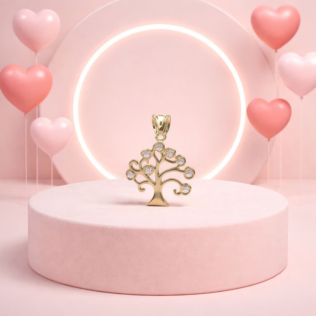 DIJE ARBOL CORAZONES CON CZ 2 CM LARGO TOTAL ORO 14K