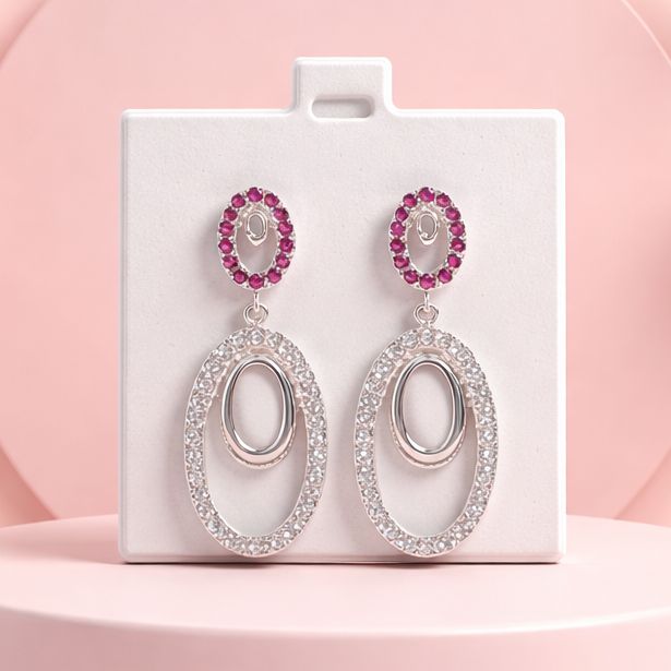 ARETE LARGO 3.5 CM CZ ROJA Y BCA PLATA .925