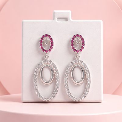 ARETE LARGO 3.5 CM CZ ROJA Y BCA PLATA .925