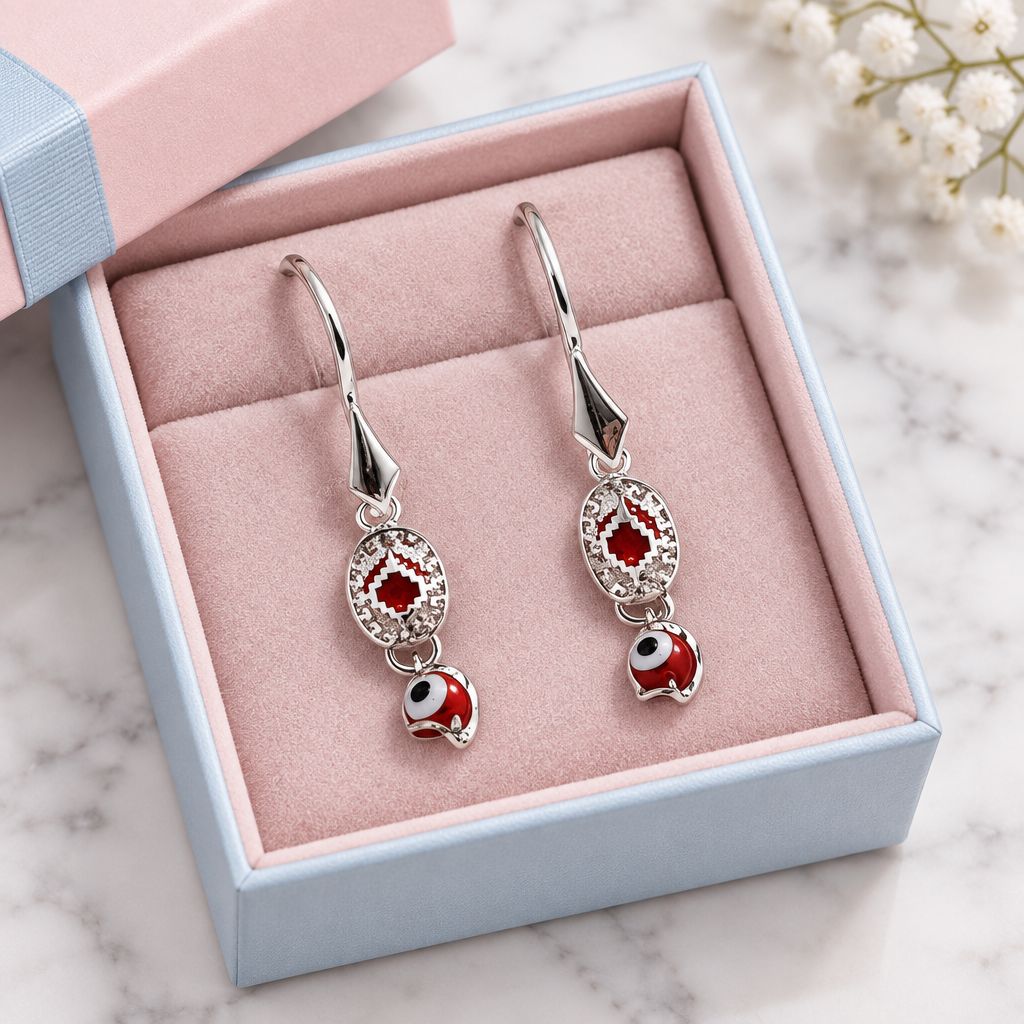 ARETE LARGO CON OJITO ROJO 3.5 CM PLATA .925