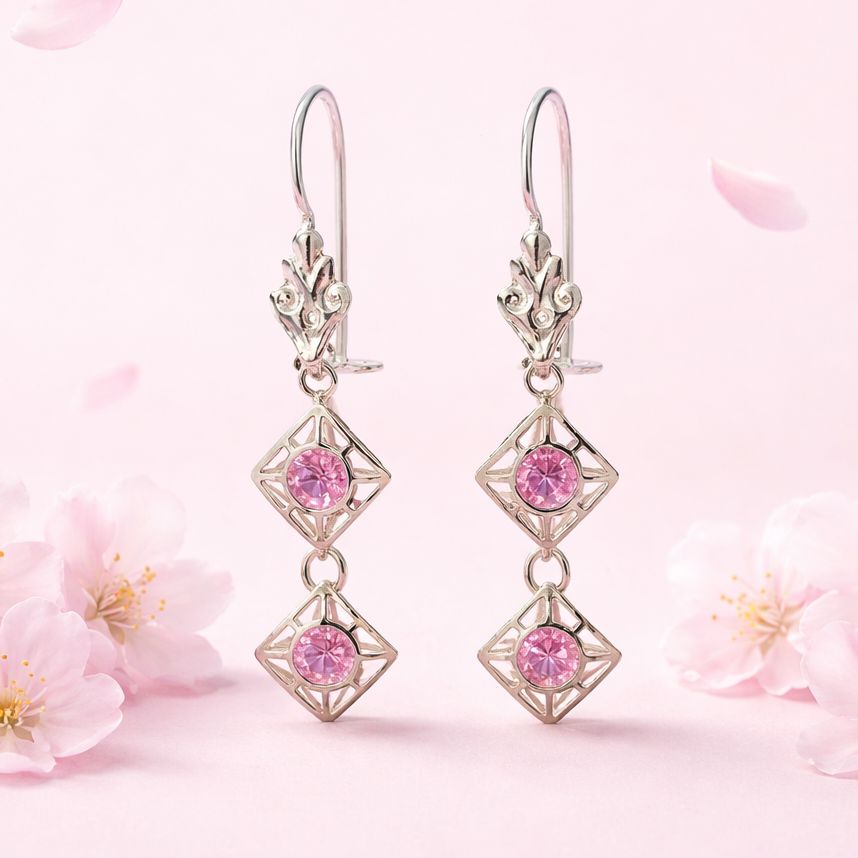 ARETE  ROMBOS CON CZ ROSA Y HOJA 4.5 CM PLATA .925