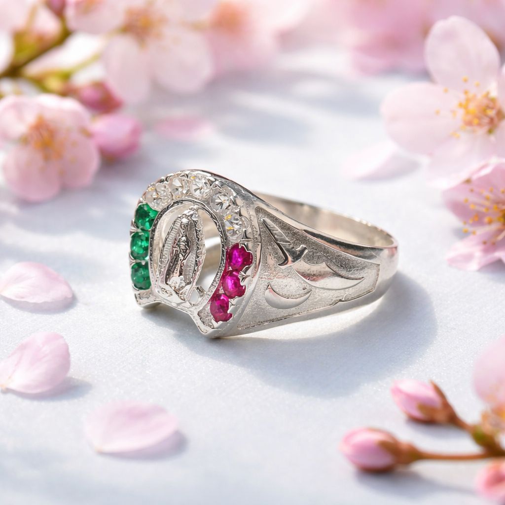 Anillo Herradura Virgen de Guadalupe tricolor PLATA .925 MX