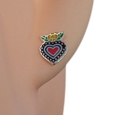 ARETE CORAZON  ESMALTADO BROCHE MARIPOSA PLATA .925