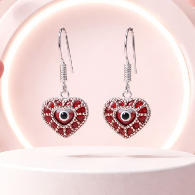 ARETE CORAZON CON OJITO 3.3 CM LARGO PLATA .925