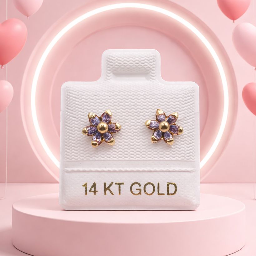 BROQUEL ROSETA CZ  MORADO ORO 14K