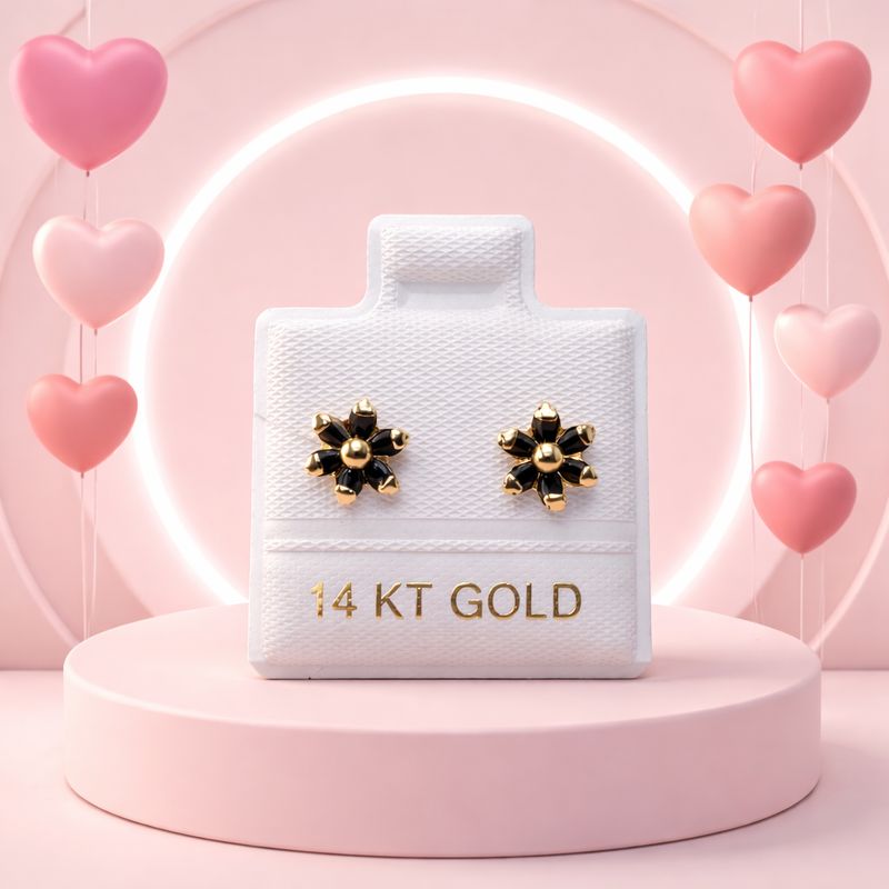 BROQUEL ROSETA CZ  NEGRA ORO 14K