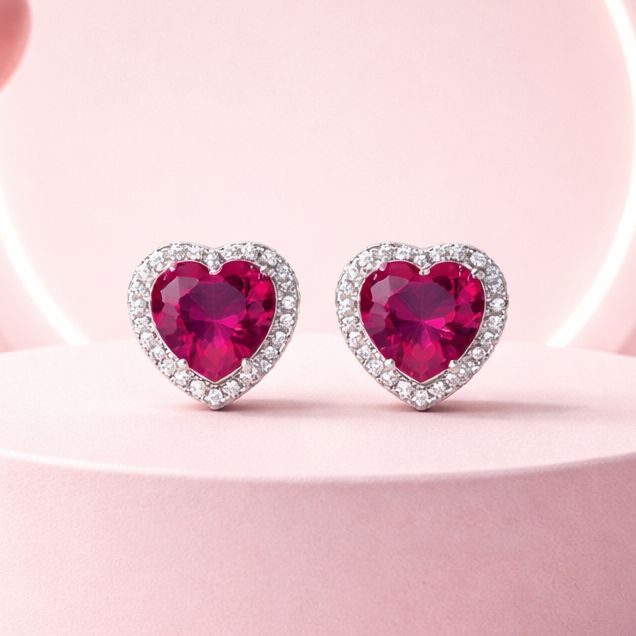 ARETE CORAZON CZ ROJA 1.2 CM BROCHE MARIPOSA PLATAS .925