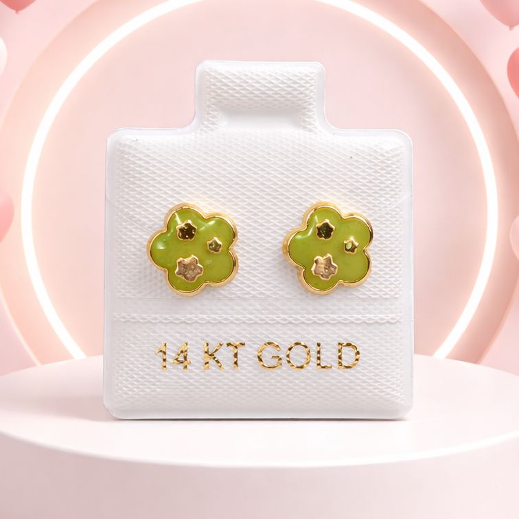 TRIPLE GREEN FLORAL STUDS 14K GOLD