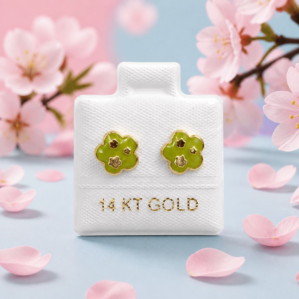 TRIPLE GREEN FLORAL STUDS 14K GOLD