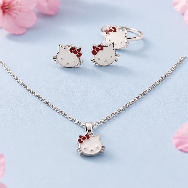 GARGANTILLA 16" ANILLO Y BROQUEL GATITA, PARA NIÑA, PLATA .925