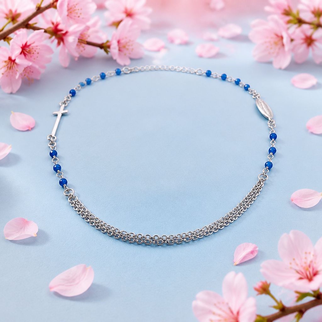 GARGANTILLA 18" A 20" AJUSTABLE CON CRUZ Y VIRGEN MILAGROSA, AZUL. PLATA .925