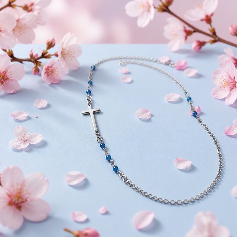 GARGANTILLA 18" A 20" AJUSTABLE CON CRUZ Y VIRGEN MILAGROSA, AZUL. PLATA .925