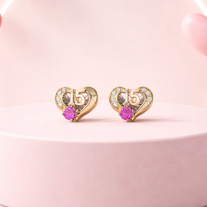 ARETE  CORAZON 15 AÑOS CZ ROJA ORO 14K