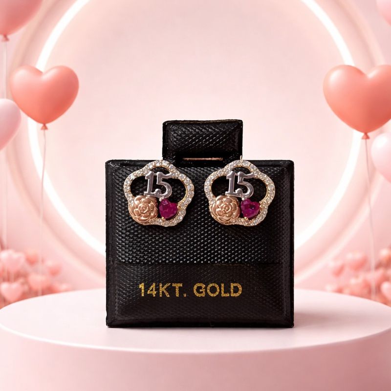 ARETE XV AÑOS 3 COLORES CZ ROJA, BROCHE MARIPOSA ORO 14K