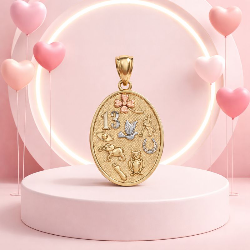 DIJE DE LA SUERTE 3 COLORES, 3.4 CM LARGO TOTAL CON ASA, ORO 14K